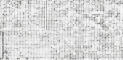 Black and white halftone texture with random dots. Abstract monochrome background with a pixel grid pattern, creating a digital noise effect for modern design
