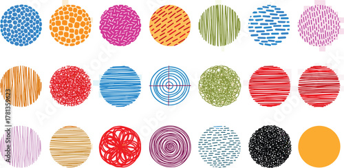 Abstract collection of colorful circles showcasing a wide range of unique artistic textures, intricate patterns, and decorative graphic elements for design inspiration and creative backgrounds