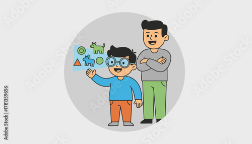 A child using augmented reality glasses for an interactive learning experience while a parent observes with pride and interest.