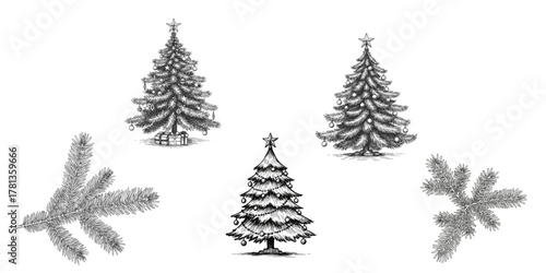 Hand-drawn Christmas trees and snowflakes in black and white style  