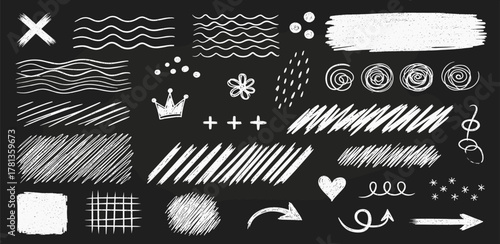 Hand-drawn doodle set with grunge textures, decorative elements for graphic design