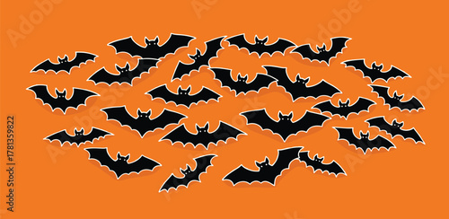 A playful swarm of black bat silhouettes, outlined in silver, against a vibrant orange backdrop, perfect for spooky Halloween designs and festive autumn celebrations