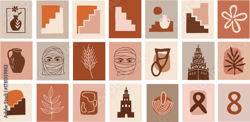 Abstract Art Collage Bohemian Earth Tones with Stairs, Flowers & Pottery