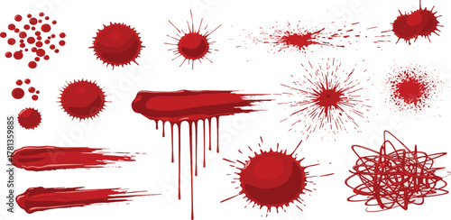 Collection of red ink splatters, drips, and brush strokes on a white background