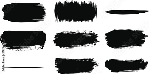 Ink Brush Strokes Set of Black Grunge Paint Brush Elements for Design, Isolated on White