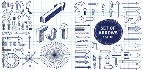 Collection of hand-drawn arrows and directional symbols in various styles and forms