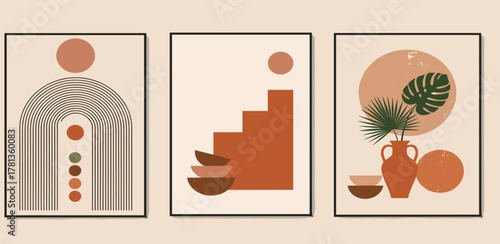 Bohemian Abstract Art Trio Featuring Terracotta Hues and Organic Shapes for Home Decor