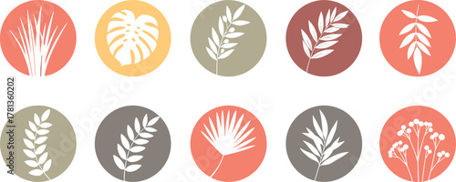 Botanical Circle Icons Foliage, Tropical Leaves, and Grasses Design