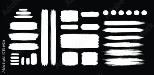 A versatile collection of black grunge brush strokes, textured paint lines, and circular ink blot splatters for creative design elements