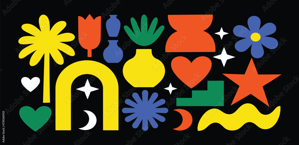 Fototapeta premium Bold and Bright Geometric Shapes A Fun, Modern Design with Hearts, Stars and Flowers