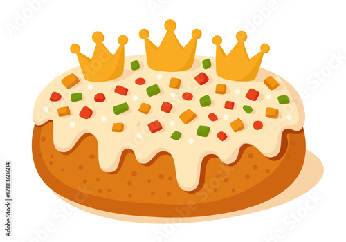 Traditional Dreikönigskuchen. German Kings' Cake with creamy white glaze, candied fruits and three crowns made of sugar. Vector isolated illustration