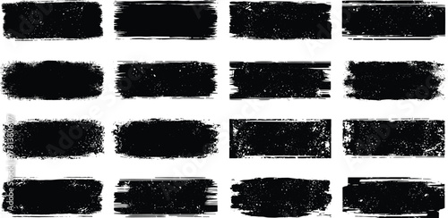Collection of black grunge brush strokes, textured paint smudges, and distressed ink splatters, offering a versatile graphic design concept for raw, authentic, and artistic backgrounds and overlays