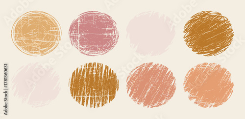 Collection of eight textured circular swatches in various earthy and pastel tones with a distressed overlay