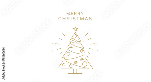 Elegant minimalist gold line art christmas tree with star and ornaments on white background with merry christmas text