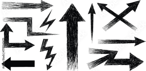 Set of Various Hand-Drawn Arrows and Lightning Bolts in a Grungy, Textured Style