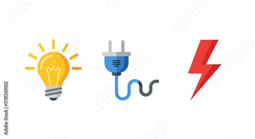 Energy symbols: light bulb, power plug, and lightning bolt in flat design