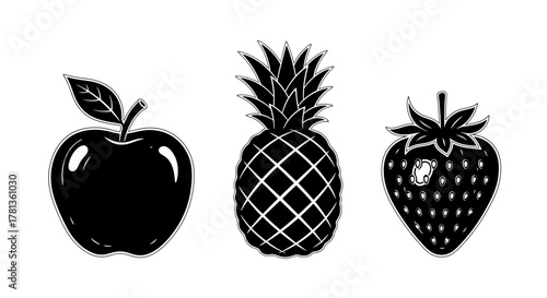 Bold silhouette of apple, pineapple, and strawberry on white background