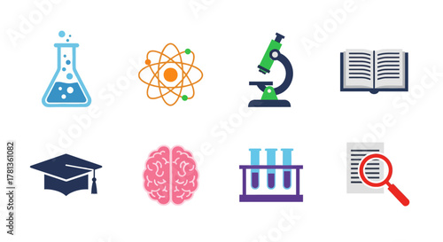 Science and education icons featuring laboratory equipment and learning symbols