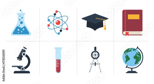 Educational icons: science, graduation, and tools for learning in a modern flat design set