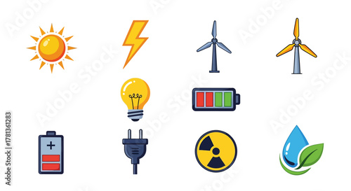 Colorful energy icons set featuring renewable and traditional power sources