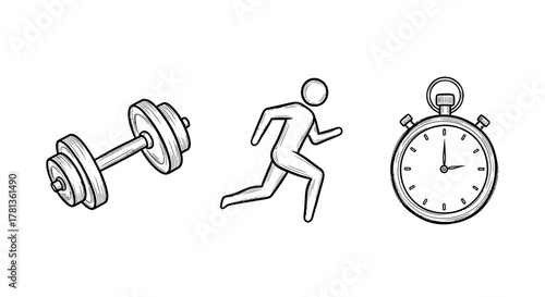 Fitness journey icons: dumbbell, running, stopwatch in sketched style