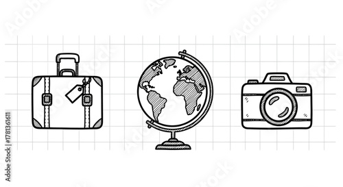 Sketch style travel elements with suitcase, globe, and camera on grid background