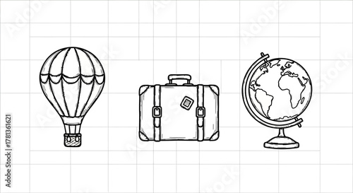 Hand drawn travel elements: hot air balloon, suitcase, globe