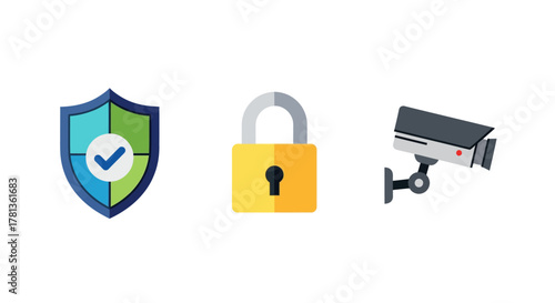 Security icons featuring shield, lock, and cctv camera in flat design