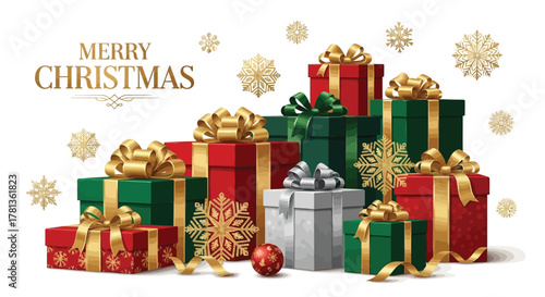Festive pile of red and green christmas gift boxes adorned with gold ribbons and snowflakes
