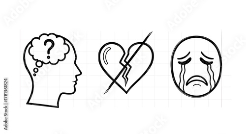 Minimalist outline: emotional icons of thought, heartbreak, sadness