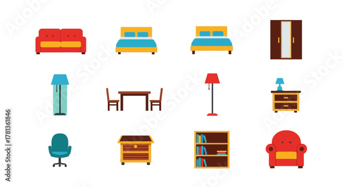 Colorful flat design furniture icons for home and office decor