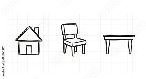 Hand drawn furniture and house on grid background: simple black line art