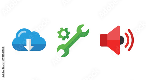 Cloud download, gear and wrench tools, and sound settings icons