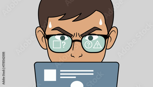 A closeup of a students face showing concentration and determination with their laptop screen reflecting the exam questions.