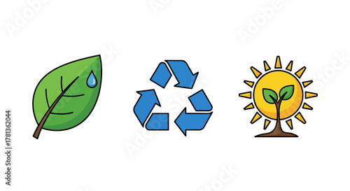 Eco-friendly icons featuring leaf, recycle symbol, and sun with seedling