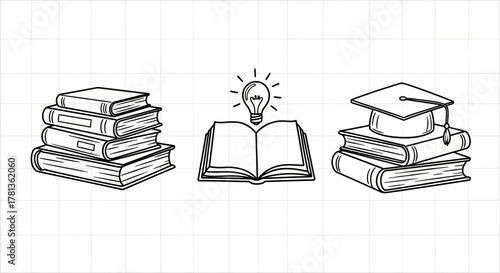 Education and knowledge: books, lightbulb insight, graduation cap in line art style