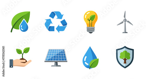 Eco-friendly energy icons featuring renewable symbols and sustainable design elements