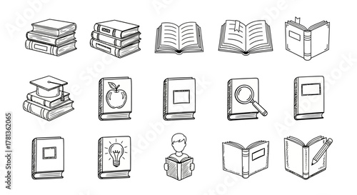 Hand drawn books collection: education icons in sketch style