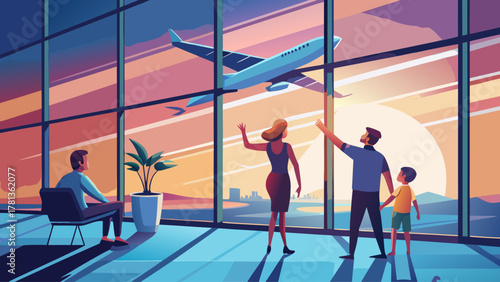 Silhouette of a family standing by large airport windows, child pointing excitedly at airplane taking off, sunlight streaming through glass, evoking wonder, anticipation