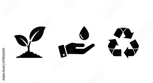 Eco-friendly icons: plant, water conservation, and recycling symbol set