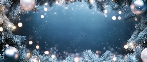 Fir tree branches with festive decorations, glowing lights, and falling snow on a blue background