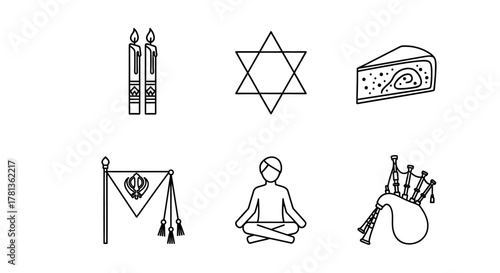 Black and white linear symbols of cultural and religious practices