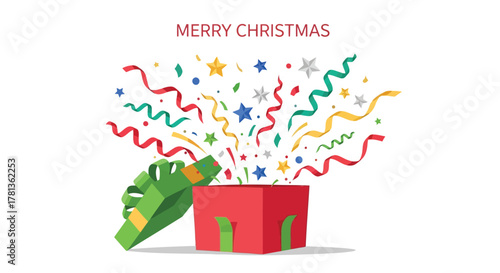 Merry christmas celebration with exploding gift box confetti stars and ribbons on white background