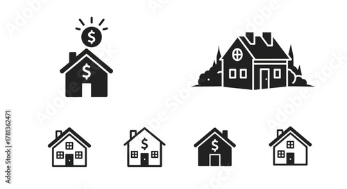 Black silhouette icons of houses with dollar symbols for real estate concepts