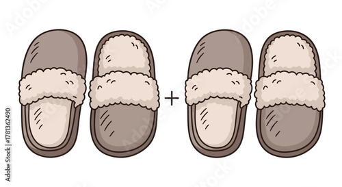 Cozy fluffy slippers in cartoon style with fuzzy lining and plus sign