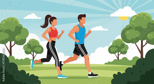 Vector illustration of a fit man and woman running outdoors in a scenic park, embodying health, fitness, and an active lifestyle