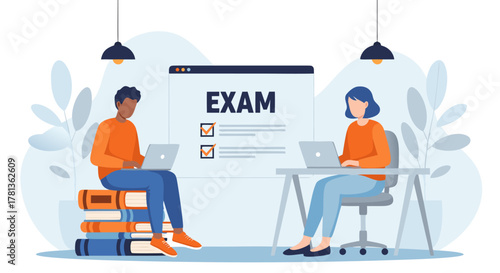 Students taking an exam online A vector illustration of individuals preparing and completing assessments