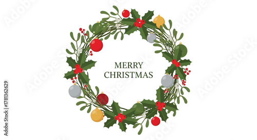 Festive merry christmas wreath with holly mistletoe and baubles on white background