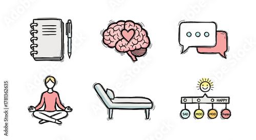 Hand-drawn mental health concept with brain, therapy, and self-care elements