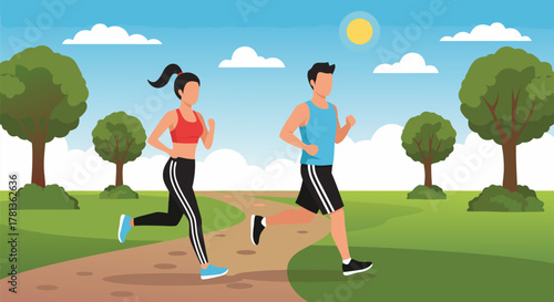 A young man and woman running together on a path in a sunny park. Vector illustration of a couple engaged in outdoor fitness and a healthy lifestyle.c